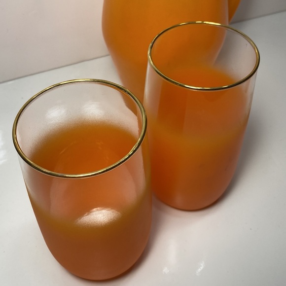 Blendo Orange Cocktail Pitcher and 6 Orange Glasses Mid Century Barware - Picture 2 of 11